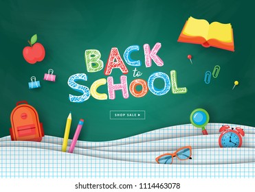 Back to school banner design with paper cut pages, icons and typography. Vector illustration