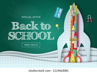 Back to school banner design with paper cut pages, rocket, pencils and typography. Vector illustration