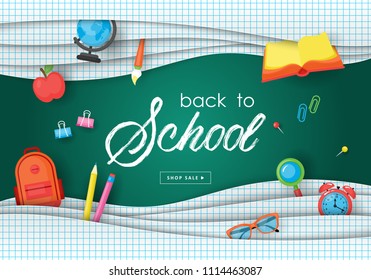 Back to school banner design with paper cut pages, icons and typography. Vector illustration