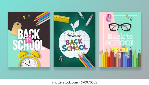 Back to school banner design set with lettering and school supplies. Realistic vector illustration