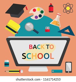 Back to school banner design template with education elements, arts and science supplies concept. Flat style icon vector illustration