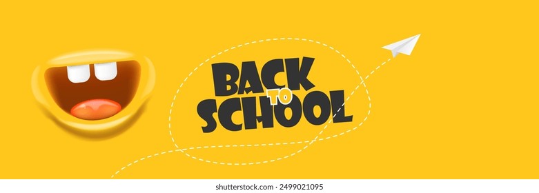 Back To School banner design template with funny smiling monster mouth and flying paper plane. Orange welcome back to school background, poster, flyer, cover and sticker