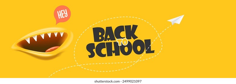 Back To School banner design template with funny smiling monster mouth and flying paper plane. Orange welcome back to school background, poster, flyer, cover and sticker