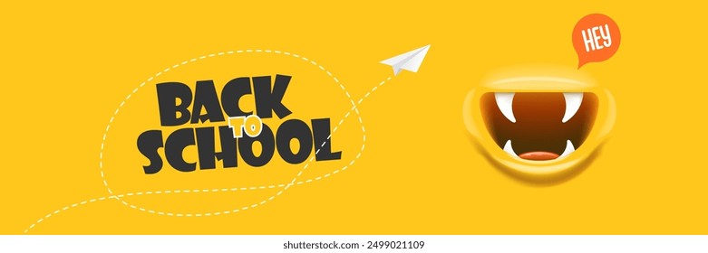 Back To School banner design template with funny smiling monster mouth and flying paper plane. Orange welcome back to school background, poster, flyer, cover and sticker