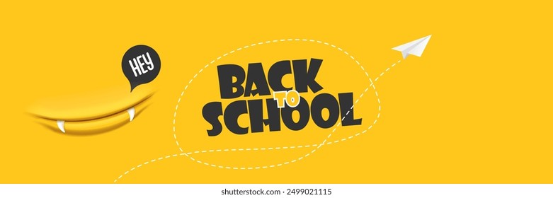 Back To School banner design template with funny smiling monster mouth and flying paper plane. Orange welcome back to school background, poster, flyer, cover and sticker