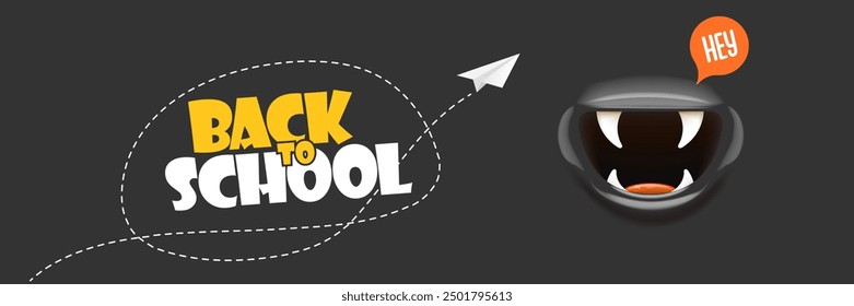 Back To School banner design template with funny smiling monster mouth and flying paper plane on grey chalkboard. Welcome back to school background, poster, flyer, cover and sticker