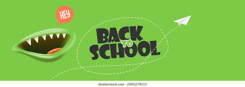 Back To School banner design template with funny smiling monster mouth and flying paper plane on green chalkboard. Welcome back to school background, poster, flyer, cover and sticker