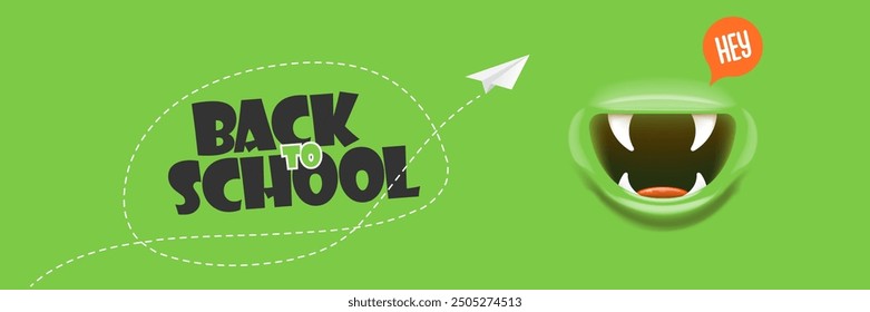 Back To School banner design template with funny smiling monster mouth and flying paper plane on green chalkboard. Welcome back to school background, poster, flyer, cover and sticker