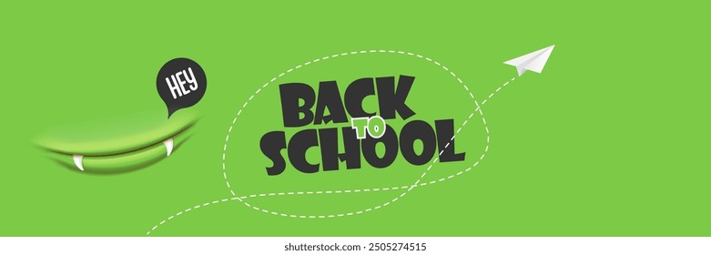 Back To School banner design template with funny smiling monster mouth and flying paper plane on green chalkboard. Welcome back to school background, poster, flyer, cover and sticker