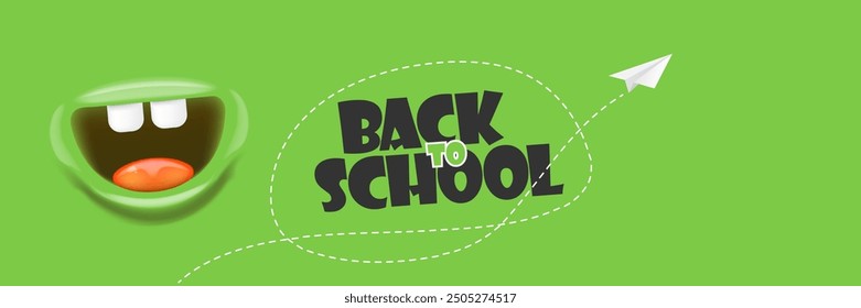 Back To School banner design template with funny smiling monster mouth and flying paper plane on green chalkboard. Welcome back to school background, poster, flyer, cover and sticker