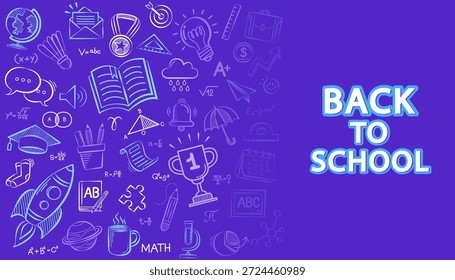 Zurück zur Schule Banner Design mit Typografie Text. Handgezeichnete Doodle-Schreibwaren Icons, Wissenschaft und Mathematik Formeln. Plakat zur Bildungszeit, Marketingflyer und Vektorgrafik zum akademischen Hintergrund.