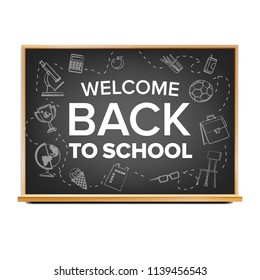 Back To School Banner Design Vector. Classroom Blackboard. Black. Doodle Icons. Sale Flyer. Retail Marketing Promotion. Realistic Illustration
