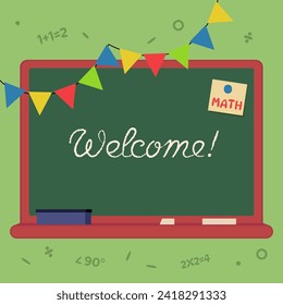 Back to school banner design. Vector illustration of  blackboard with welcome inscription and math post-it note. Education, school concept