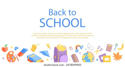 Back to School Banner. Desktop Globe, Books, Backpack and Stationery. Flat Vector illustration. 