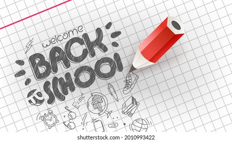 Back to school banner. Doodle elements on paper