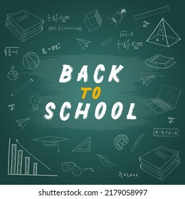 Back to school banner with doodle and equipments on the blackboard.