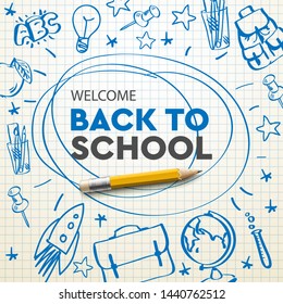 Back to school banner, doodle on checkered paper background, vector illustration.