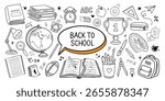 Back to School banner doodle sketch set with educational elements black and white vector doodle with school elements notebook, books, globe, paints. Vector illustration for study, school, university.