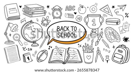 Back to School banner doodle sketch set with educational elements black and white vector doodle with school elements notebook, books, globe, paints. Vector illustration for study, school, university.