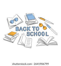 Back to school banner in doodle style. Lettering with black outline, hand drawn books, glasses, pencil and pen. Stylish design for children's online courses and classes, homeschooling.