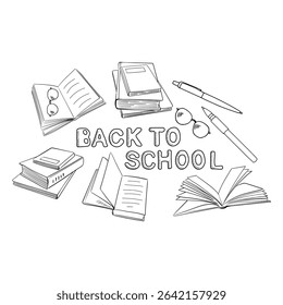 Back to school banner in doodle style. Lettering with black outline, hand drawn books, glasses, pencil and pen. Stylish design for children's online courses and classes, homeschooling.