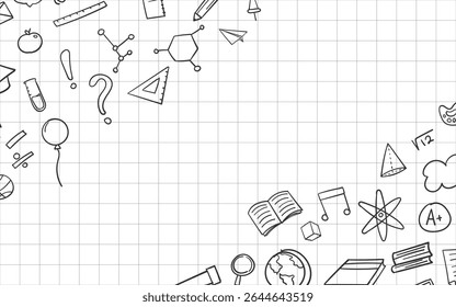 Back to School banner with doodles hand drawn school supplies, stationery. Vector.