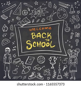 Back to School banner. Doodles icons of education, science objects, office supplies and lettering Back to School on chalckboard. Vector illustration.