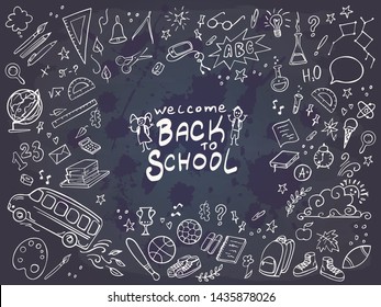 Back to School banner. Doodles icons of education, science objects, office supplies and lettering Back to School on chalckboard. Vector illustration.