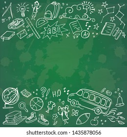 Back to School banner. Doodles icons of education, science objects, office supplies on green chalkboard. Vector illustration.