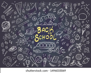 Back to School banner. Doodles icons of education, science objects, office supplies and lettering Back to School on chalckboard. Vector illustration.