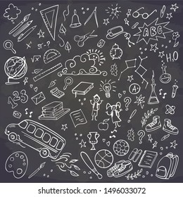 Back to School banner. Doodles icons of education, science objects, office supplies on chalckboard. Vector illustration.