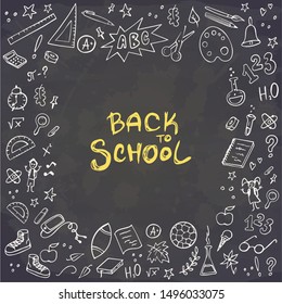 Back to School banner. Doodles icons of education, science objects, office supplies and lettering Back to School on chalckboard. Vector illustration.