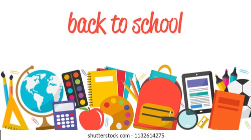 
Back to school banner. Education concept with different schoolchildren supplies set, vector illustration. 
