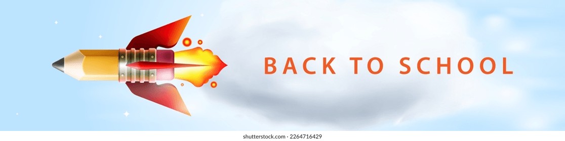 Back to school banner, education concept. Realistic 3d cartoon style rocket flying in clouds sky, creative design, vector illustration
