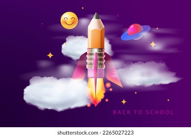 Back to school banner education concept. Realistic 3d cartoon style rocket flying in clouds sky, creative design, vector illustration