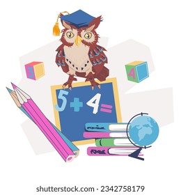 Back to school banner or education emblem with owl, flat vector illustration isolated on white background. School and knowledge topic.