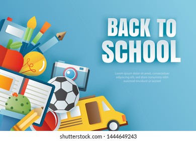 Back to school banner with education items on blue background in paper art style.