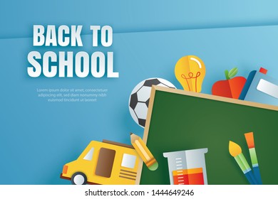 Back to school banner with education items on blue background in paper art style.