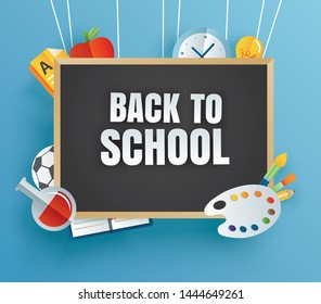 Back to school banner with education items and black board in paper art style.