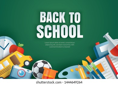 Back to school banner with education items on green chalkboard background in paper art style.