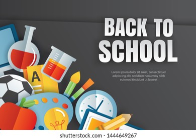 Back to school banner with education items on black background in paper art style.