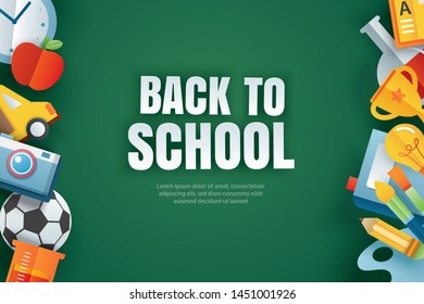 Back to school banner with education items on green chalkboard background in paper art style.