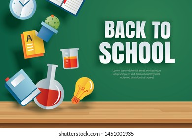 Back to school banner with education items on green chalkboard background in paper art style.