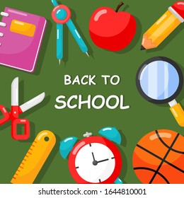 back to school banner. education items card, poster and template on blackboard background. vector Illustration.