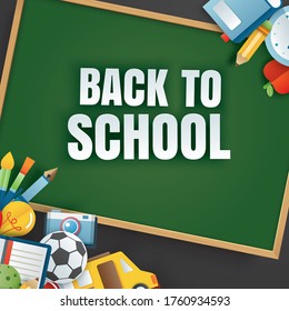 Back to school banner with education items and green chalkboard on black background in paper art style.