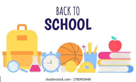 back to school banner. education items card, poster and template on white background. vector Illustration.