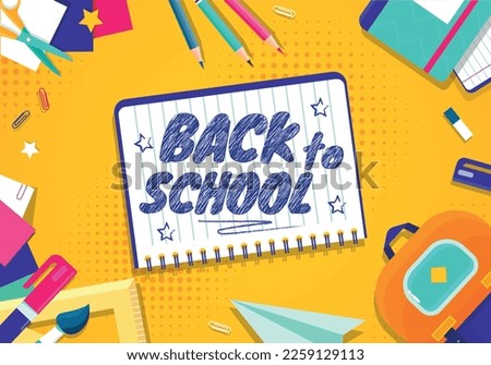 Back to school banner. Education, learning and training. Backpack with colored pencils, eraser and ruler. 1 september and international holiday, day of knowledge. Cartoon flat vector illustration