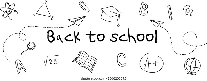 Back to school banner. Education, science concept. Banner with school supplies drawings. Hand drawn pattern. Banner for your design. Vector EPS 10