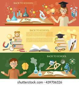 Back to school banner education students in the class open book knowledge science experiment school education tools vector illustration 