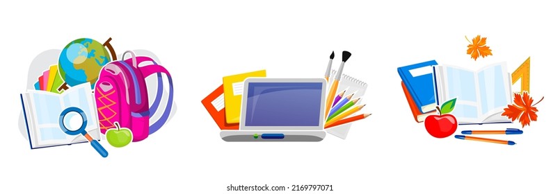 Back to school banner with educational icons of modern school supplies for children. Globe, backpack, pens, pencils, book, notebook, laptop, etc. Vector illustration isolated on white background.